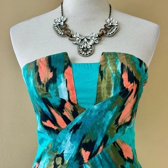 Anthropologie Girls From Savoy Teal Painted Ikat Strapless Dress Southwest Sz 4 - Picture 11 of 15